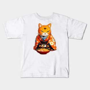 Cool Orange cat samurai ramen Kids T-Shirt